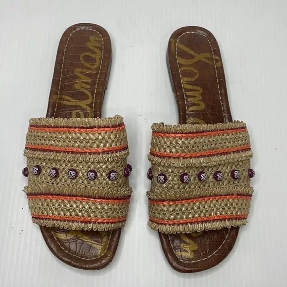 Sam Edelman Brandon Slide Sandals Size 9.5 Almond Sedona Orange Raffia Beads