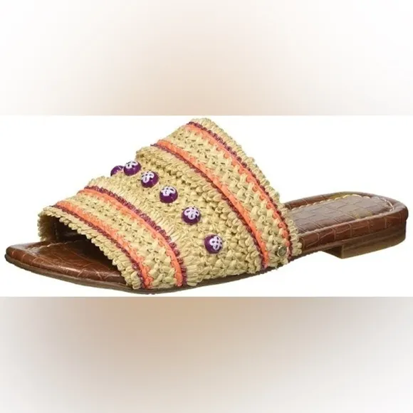 Sam Edelman Brandon Slide Sandals Size 9.5 Almond Sedona Orange Raffia Beads