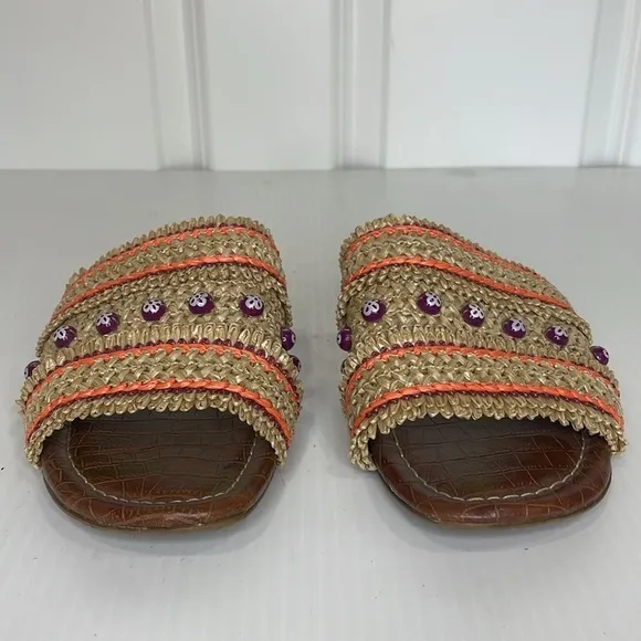 Sam Edelman Brandon Slide Sandals Size 9.5 Almond Sedona Orange Raffia Beads