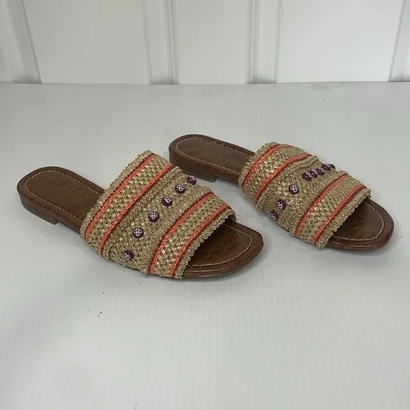 Sam Edelman Brandon Slide Sandals Size 9.5 Almond Sedona Orange Raffia Beads