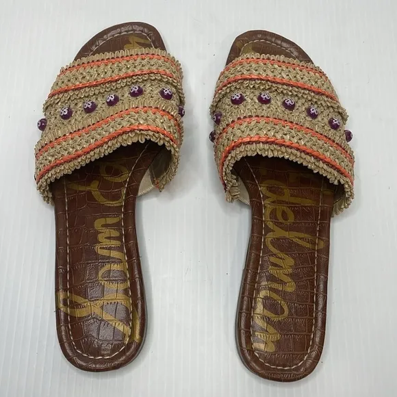 Sam Edelman Brandon Slide Sandals Size 9.5 Almond Sedona Orange Raffia Beads