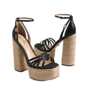 Sam Edelman Kade Platform Sandals Womens 7 Black Leather Woven Block Heels New