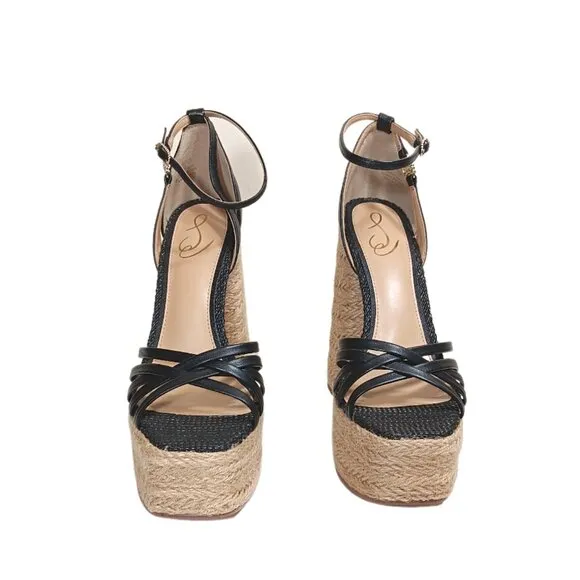 Sam Edelman Kade Platform Sandals Womens 7 Black Leather Woven Block Heels New