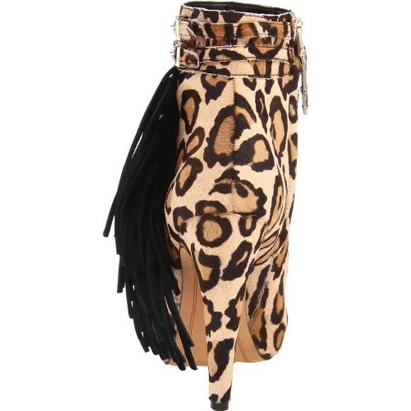 Sam Edelman Keegan Leopard Animal Print Black Tan Calf Hair Fringe Boots
