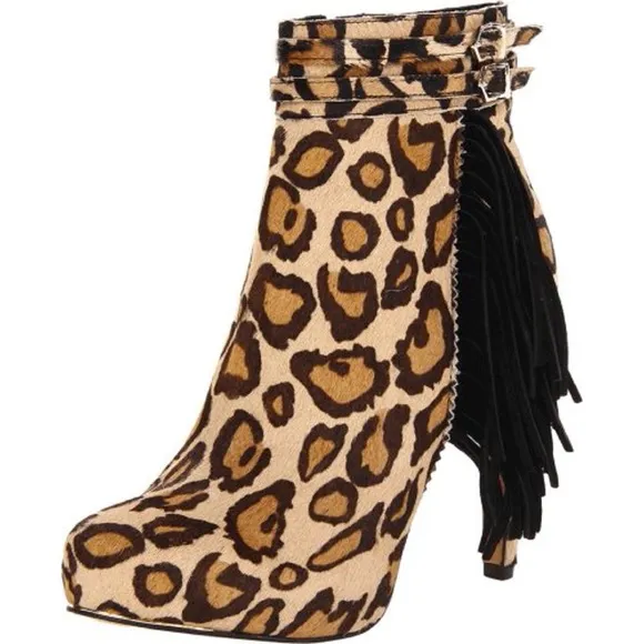 Sam Edelman Keegan Leopard Animal Print Black Tan Calf Hair Fringe Boots