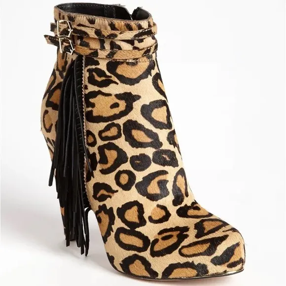 Sam Edelman Keegan Leopard Animal Print Black Tan Calf Hair Fringe Boots