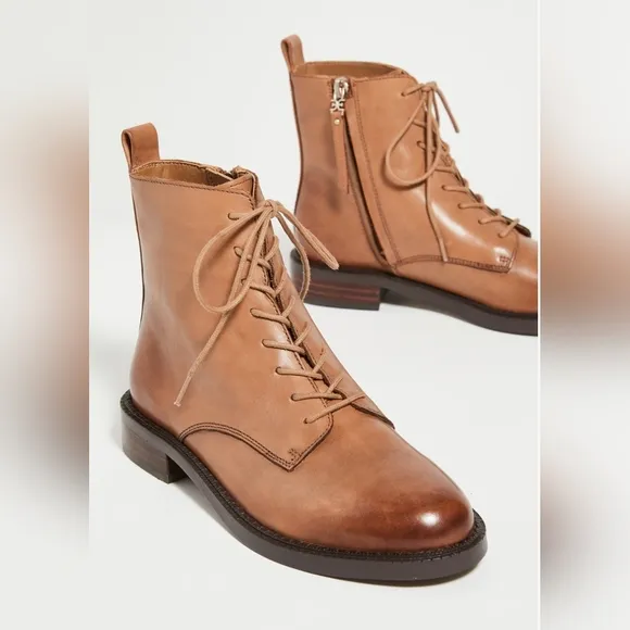 Sam Edelman Nina Boot combat brown woman's ankle shoes lace up side zipper sz 5