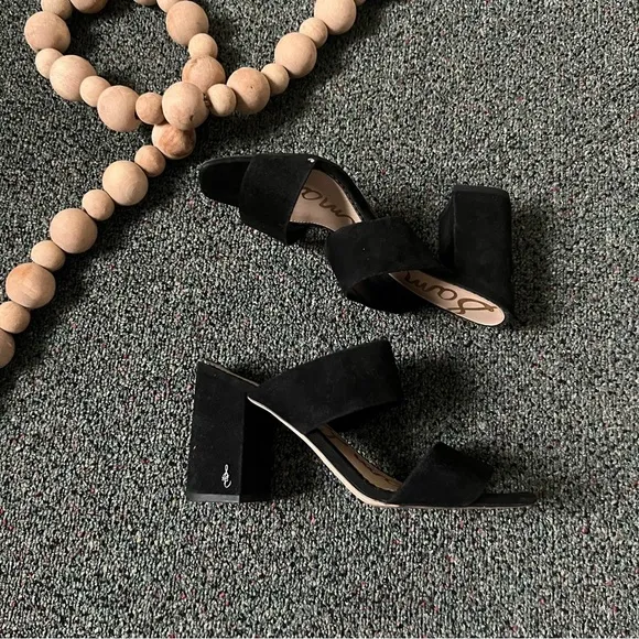 SAM EDELMAN Suede Black Two Strap Sandal Mule Slip-On Block Heeled Shoes Sz 9