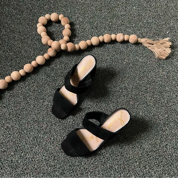 SAM EDELMAN Suede Black Two Strap Sandal Mule Slip-On Block Heeled Shoes Sz 9