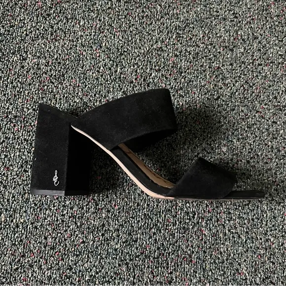 SAM EDELMAN Suede Black Two Strap Sandal Mule Slip-On Block Heeled Shoes Sz 9