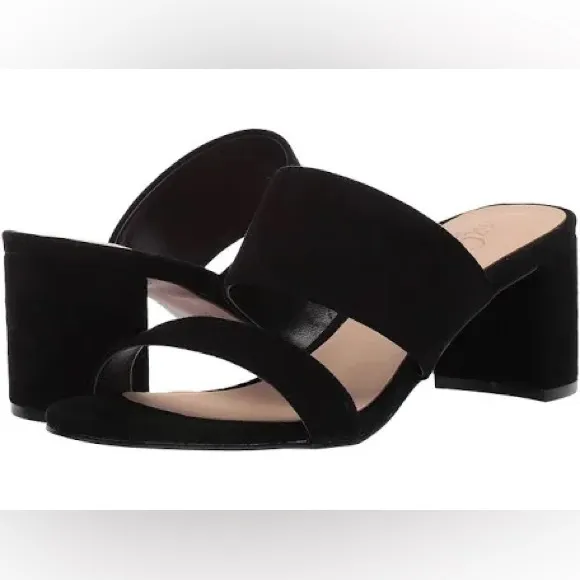 SAM EDELMAN Suede Black Two Strap Sandal Mule Slip-On Block Heeled Shoes Sz 9