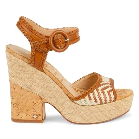 Sam Edelman Tan Genuine Leather Woven Platform Sandals