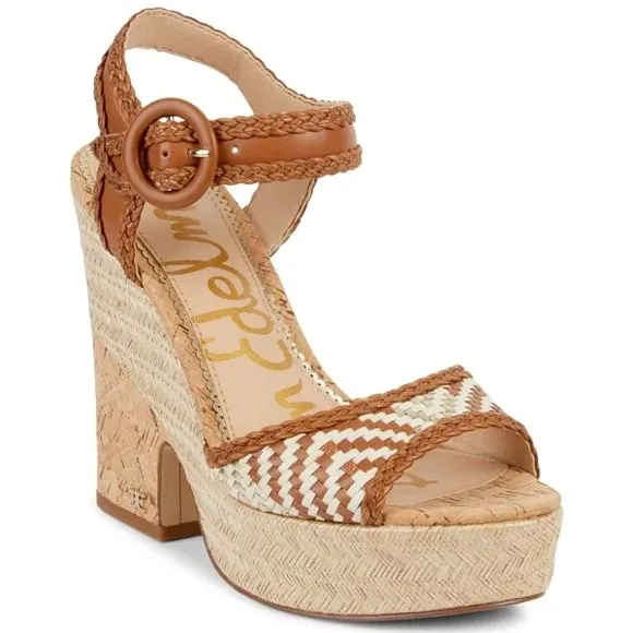Sam Edelman Tan Genuine Leather Woven Platform Sandals