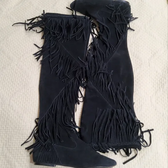 Sam Edelman URI Fringe Black Suede Over the Knee Boots 7,5