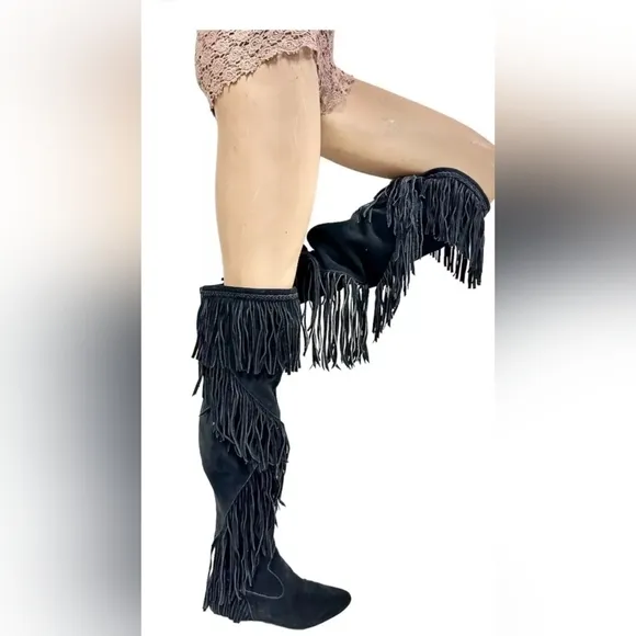 Sam Edelman URI Fringe Black Suede Over the Knee Boots 7,5