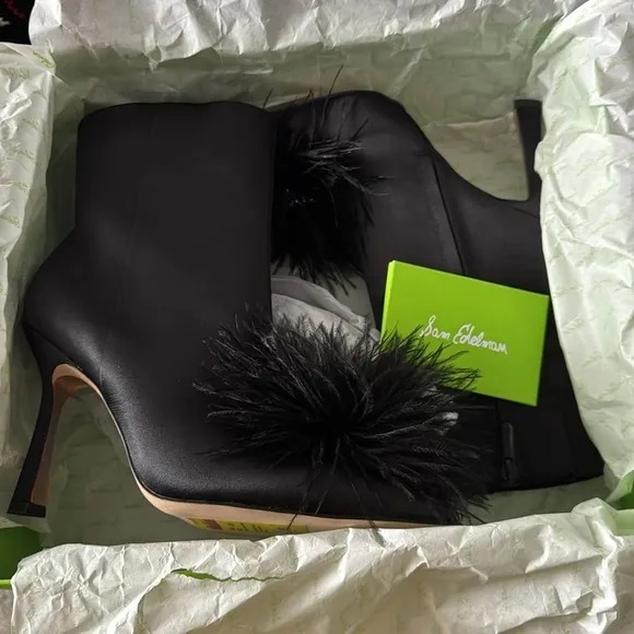 Sam Edelman Women's Ency Feather Dress Booties - Black Satin Ankle Booties