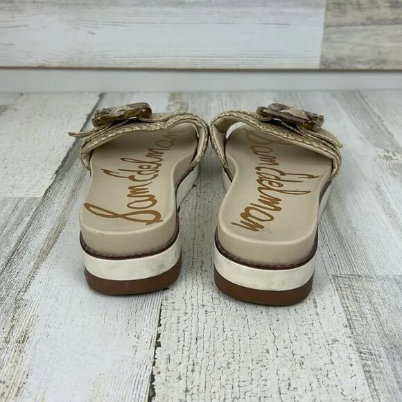 Sam Edelman Womens sz 6M Tan ariane woven fabric tortoise buckle slides