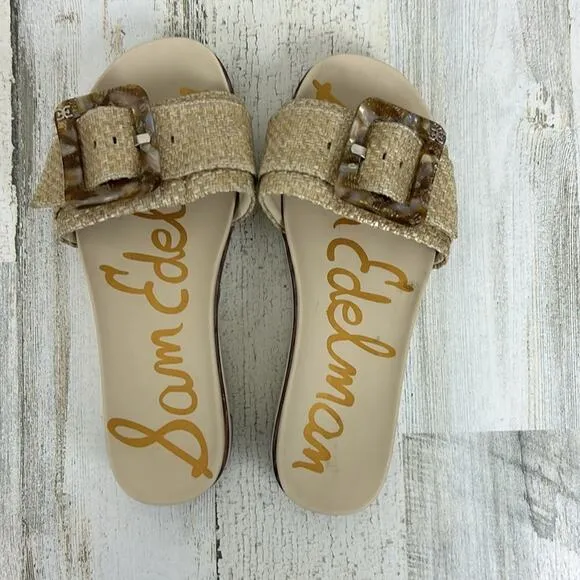 Sam Edelman Womens sz 6M Tan ariane woven fabric tortoise buckle slides