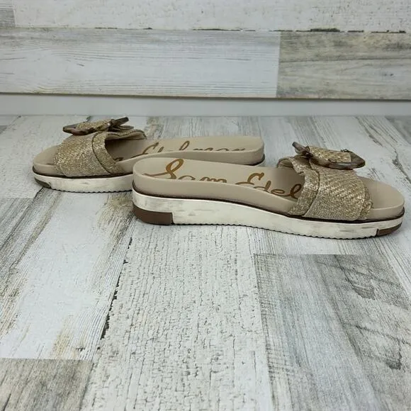 Sam Edelman Womens sz 6M Tan ariane woven fabric tortoise buckle slides
