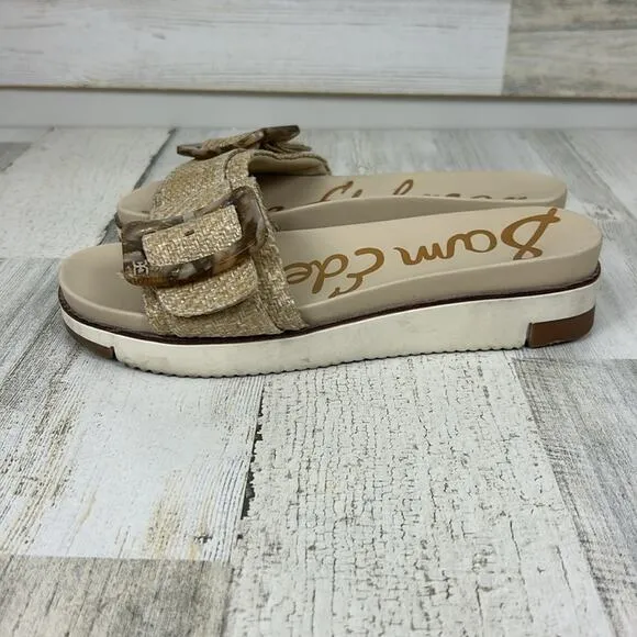 Sam Edelman Womens sz 6M Tan ariane woven fabric tortoise buckle slides
