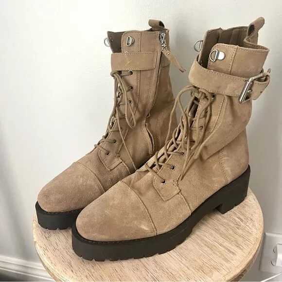 Sam Edelman Junip Suede Combat Boots with Side Zip and Buckle 10 Tan NWOB