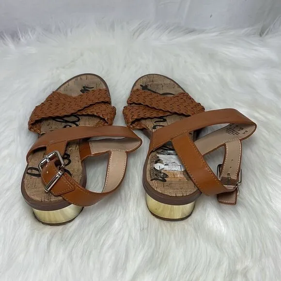 Sam Edelman Teena 2 Saddle Cognac Leather Woven Strap Sandals Sz 7