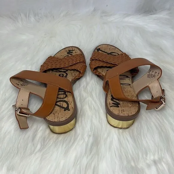 Sam Edelman Teena Saddle Tan Leather Woven Strap Sandals Heels Sz 6