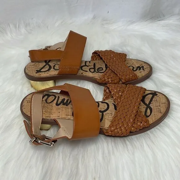 Sam Edelman Teena Saddle Tan Leather Woven Strap Sandals Heels Sz 6