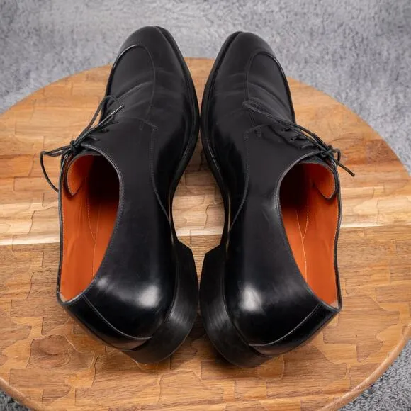 Santoni Black Leather Apron Toe Italian Oxford Size 9 D Orange Lined Classic