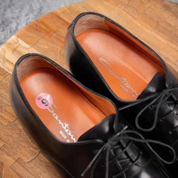 Santoni Black Leather Apron Toe Italian Oxford Size 9 D Orange Lined Classic