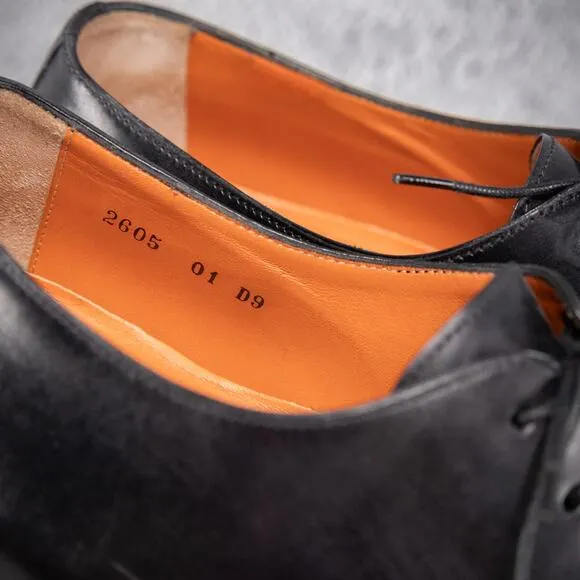 Santoni Black Leather Apron Toe Italian Oxford Size 9 D Orange Lined Classic