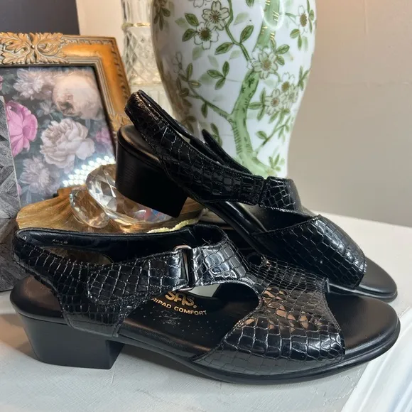 SAS Black Croc Suntimer Heeled Sandal