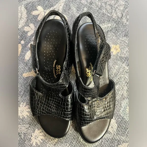 SAS Black Croc Suntimer Heeled Sandal