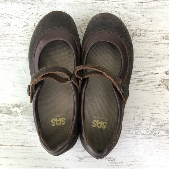 SAS Step Out Brown Leather Comfort Walking Mary Jane Shoes 8 DOUBLE WIDE