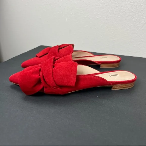 Schutz D’Ana Red Suede Leather Bow Flat Slip On Shoes