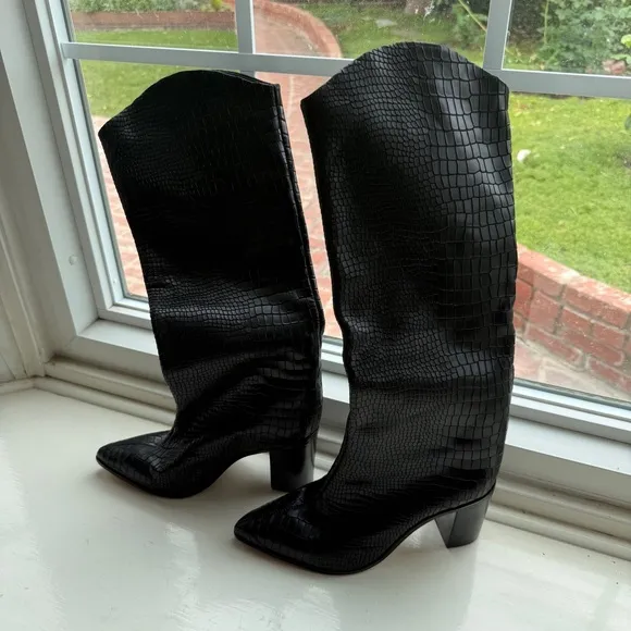 Schuyz MARYANA BLOCK BOOT Black Croc-Embossed Knee-High Boots - 7.5
