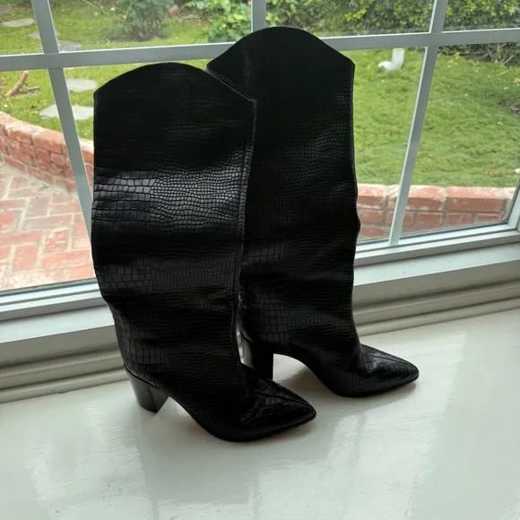Schuyz MARYANA BLOCK BOOT Black Croc-Embossed Knee-High Boots - 7.5