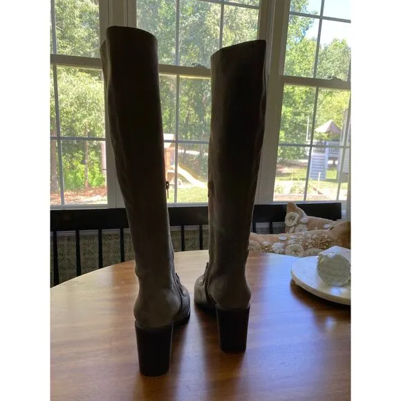 See by Chloe Gray Leather Boots Horsebit Silver Boho Chic Square Toe Heeled 40
