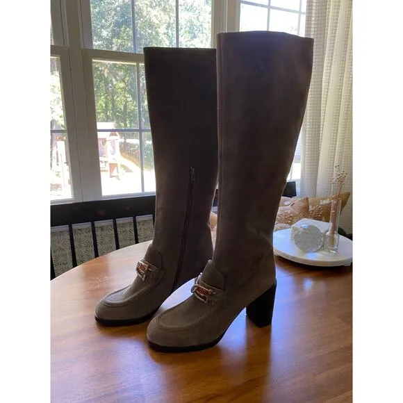 See by Chloe Gray Leather Boots Horsebit Silver Boho Chic Square Toe Heeled 40