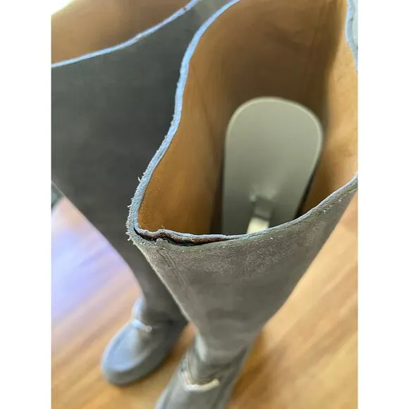 See by Chloe Gray Leather Boots Horsebit Silver Boho Chic Square Toe Heeled 40