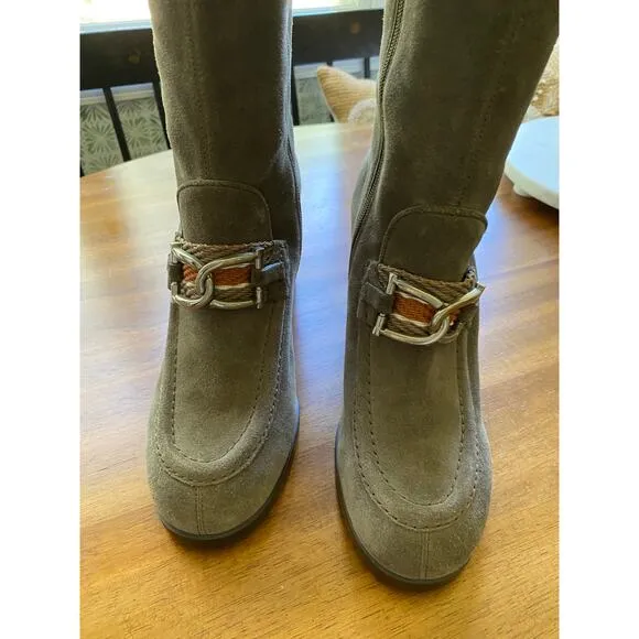 See by Chloe Gray Leather Boots Horsebit Silver Boho Chic Square Toe Heeled 40