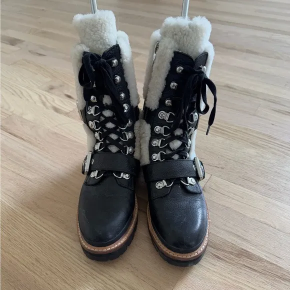 Sigerson Morrison Iris Sheep Fur Shearling Leather Combat Lace Up Boots -7
