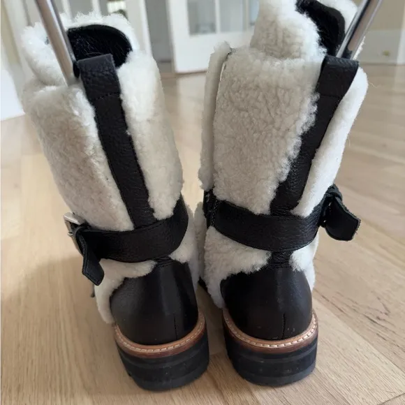 Sigerson Morrison Iris Sheep Fur Shearling Leather Combat Lace Up Boots -7