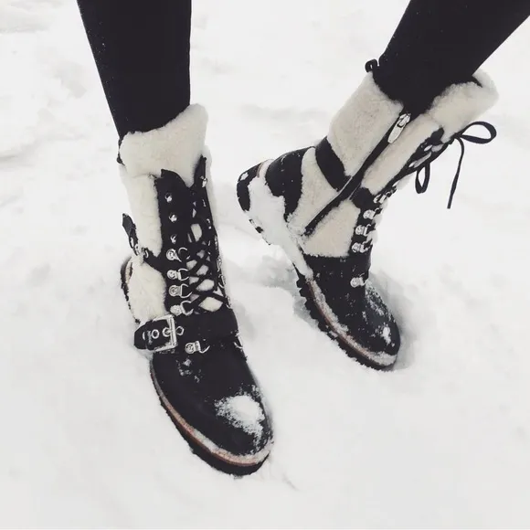 Sigerson Morrison Iris Sheep Fur Shearling Leather Combat Lace Up Boots -7