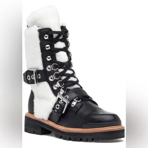 Sigerson Morrison Iris Sheep Fur Shearling Leather Combat Lace Up Boots -7