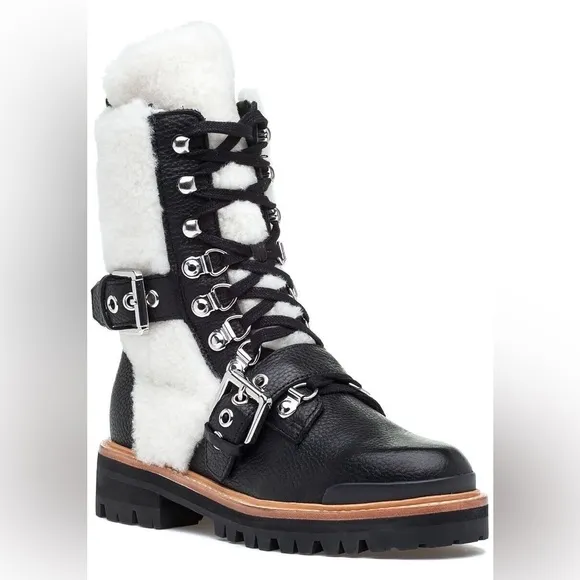 Sigerson Morrison Iris Sheep Fur Shearling Leather Combat Lace Up Boots -7