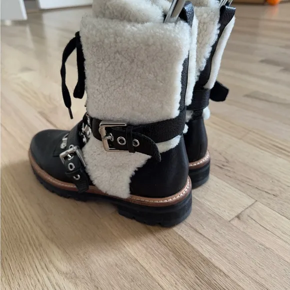 Sigerson Morrison Iris Sheep Fur Shearling Leather Combat Lace Up Boots -7