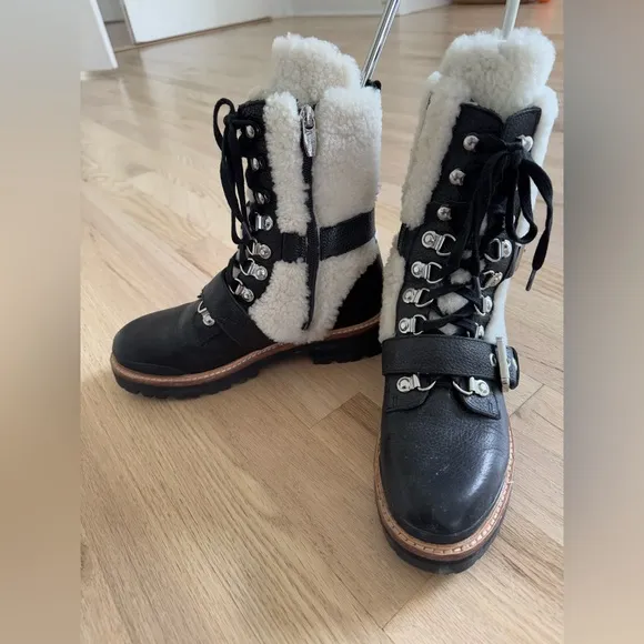 Sigerson Morrison Iris Sheep Fur Shearling Leather Combat Lace Up Boots -7