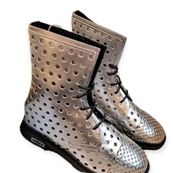 Silver Cut Out Lace Up Tall Ankle Boots NEW