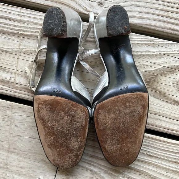 Silvia Fiorentina heels black satin silver metallic T strap Vintage 6.5 evening